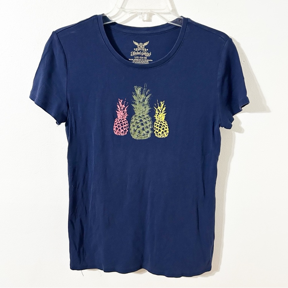Faded Glory Navy Blue Pineapple Graphic T-Shirt Pink, Green & Yellow Pineapples